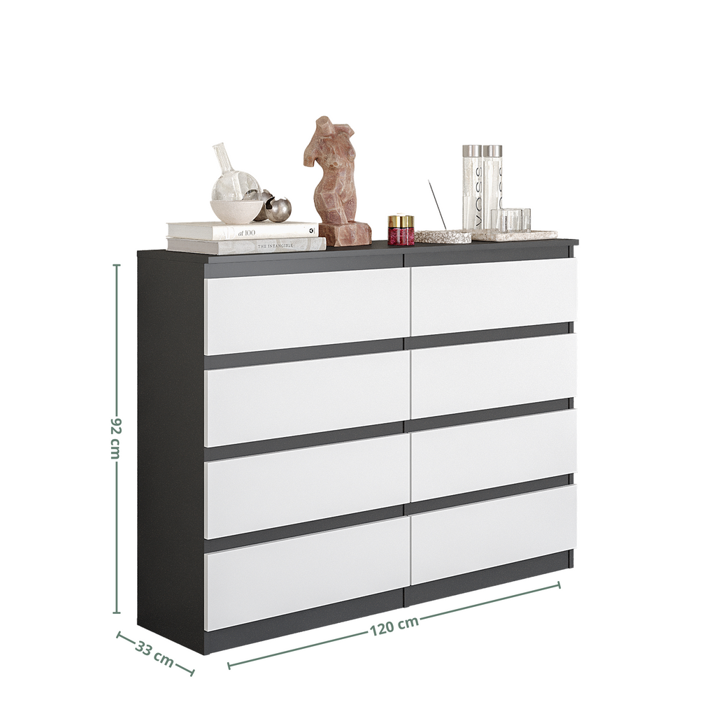 GABRIEL - Chest of 8 Drawers - Bedroom Dresser Storage Cabinet Sideboard - Anthracite / White Matt H92cm W120cm D33cm