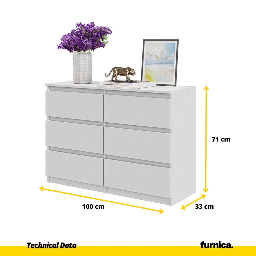 GABRIEL - Chest of 6 Drawers - Bedroom Dresser Storage Cabinet Sideboard - White Matt H71cm W100cm D33cm