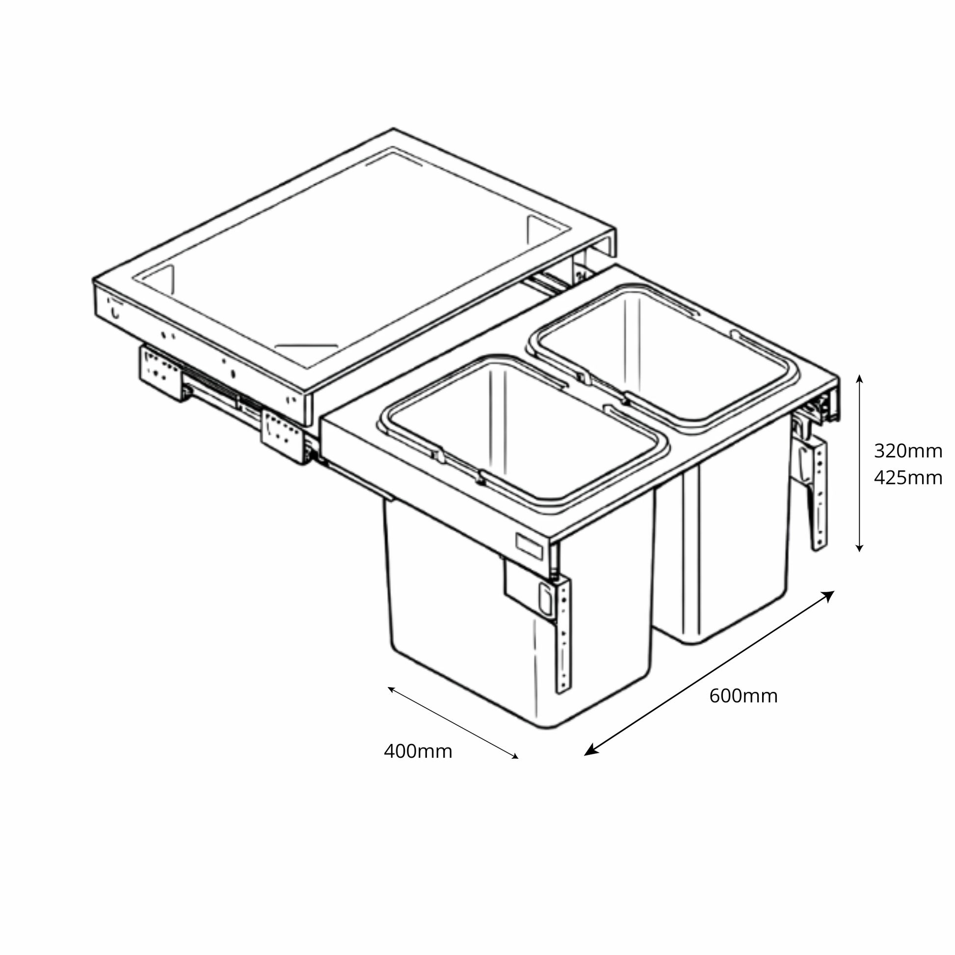 Pull-Out Waste Separation Bin 2x15 l or 2x20 l - 600 mm Cabinet