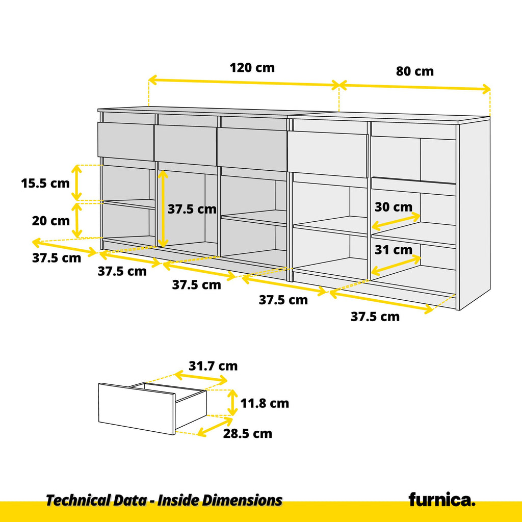 NOAH - Chest of 5 Drawers and 5 Doors - Bedroom Dresser Storage Cabinet Sideboard - White Matt / Concrete  H75cm W200cm D35cm