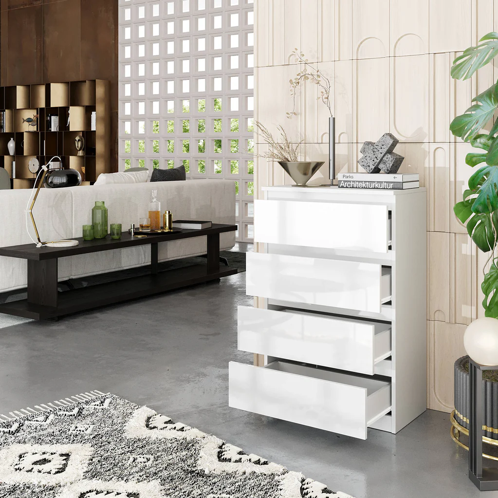 GABRIEL - Chest of 4 Drawers - Bedroom Dresser Storage Cabinet Sideboard - White Matt / White Gloss H92cm W60cm D33cm