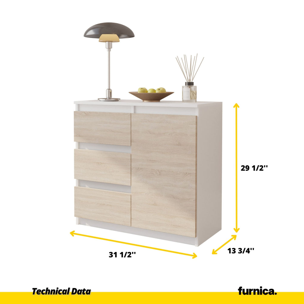 MIKEL - Chest of 3 Drawers and 1 Door - Bedroom Dresser Storage Cabinet Sideboard - Concrete / Sonoma Oak H75cm W80cm D35cm