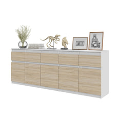 NOAH - Chest of 5 Drawers and 5 Doors - Bedroom Dresser Storage Cabinet Sideboard - White Matt / Sonoma Oak  H75cm W200cm D35cm
