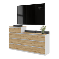 GABRIEL - Chest of 10 Drawers (6+4) - Bedroom Dresser Storage Cabinet Sideboard - White Matt / Wotan Oak H92/70cm W160cm D33cm