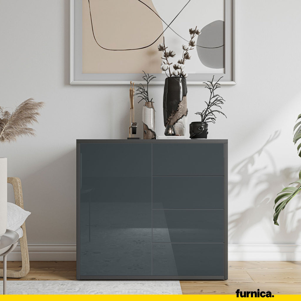 CAMILLE - Push to Open Sideboard with Door and 4 Drawers - Anthracite / Anthracite Gloss H74cm W80cm D36cm