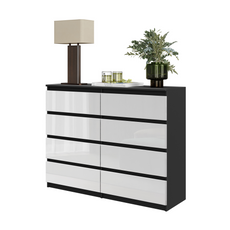 GABRIEL - Chest of 8 Drawers - Bedroom Dresser Storage Cabinet Sideboard - Black Matt / White Gloss H92cm W120cm D33cm