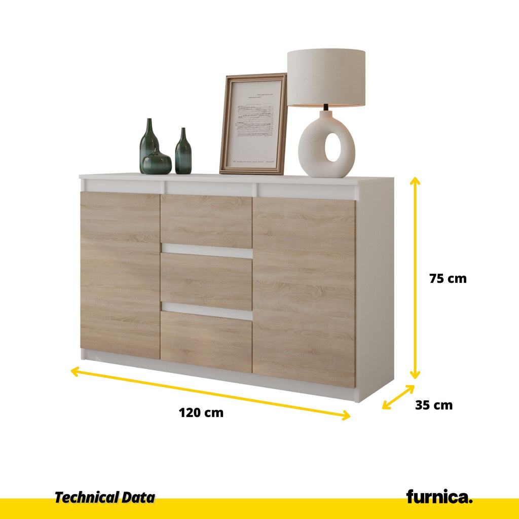 MIKEL - Chest of 3 Drawers and 2 Doors - Bedroom Dresser Storage Cabinet Sideboard - White Matt / Sonoma Oak H75cm W120cm D35cm
