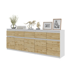 NOAH - Chest of 5 Drawers and 5 Doors - Bedroom Dresser Storage Cabinet Sideboard - White Matt / Wotan Oak  H75cm W200cm D35cm