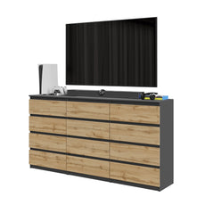 GABRIEL - Chest of 12 Drawers (8+4) - Bedroom Dresser Storage Cabinet Sideboard - Anthracite / Wotan Oak H92cm W180cm D33cm