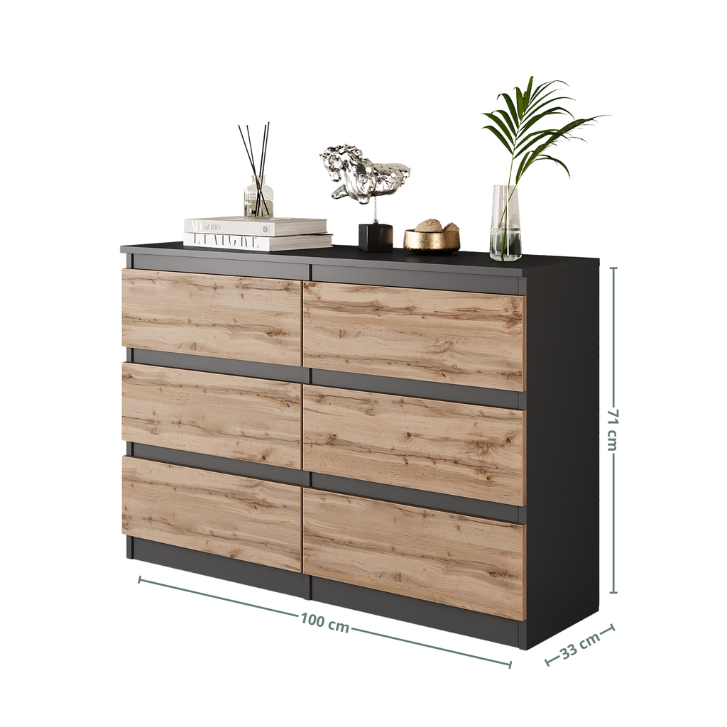 GABRIEL - Chest of 6 Drawers - Bedroom Dresser Storage Cabinet Sideboard - Anthracite / Wotan Oak H71cm W100cm D33cm