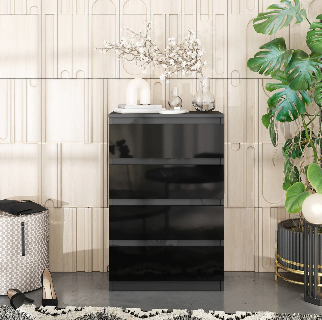 GABRIEL - Chest of 4 Drawers - Bedroom Dresser Storage Cabinet Sideboard - Anthracite / Black Gloss H92cm W60cm D33cm