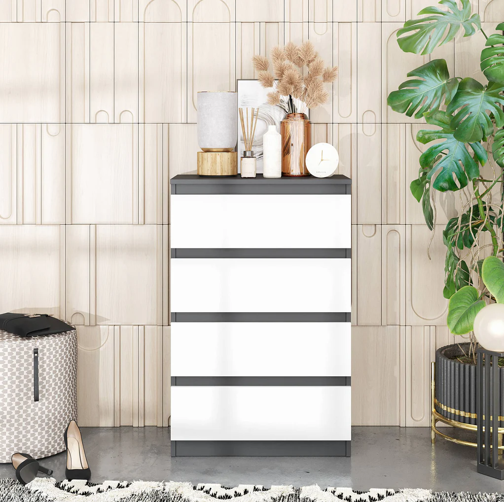 GABRIEL - Chest of 4 Drawers - Bedroom Dresser Storage Cabinet Sideboard - Anthracite / White Matt H92cm W60cm D33cm