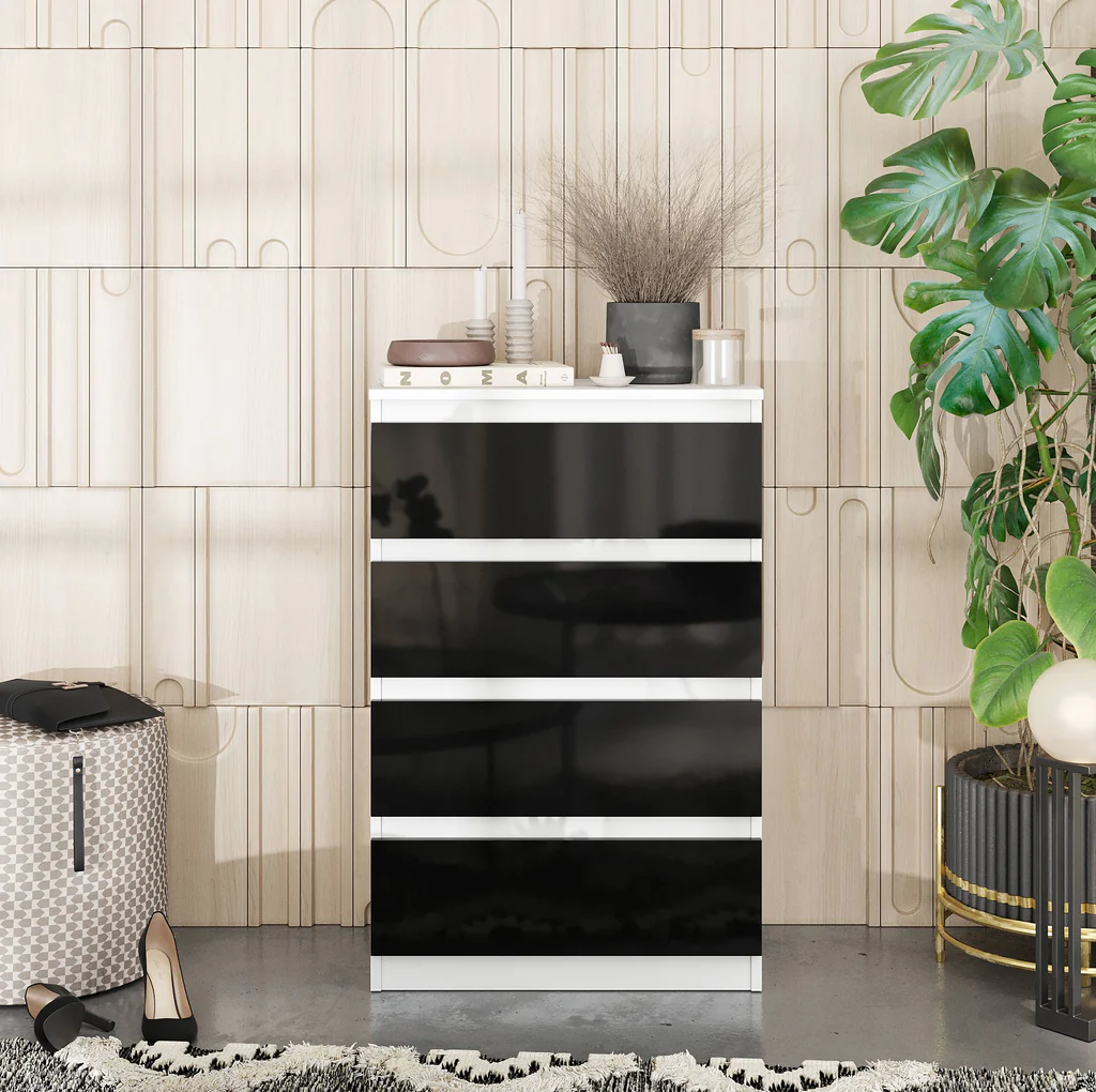GABRIEL - Chest of 4 Drawers - Bedroom Dresser Storage Cabinet Sideboard - White Matt / Black Gloss H92cm W60cm D33cm