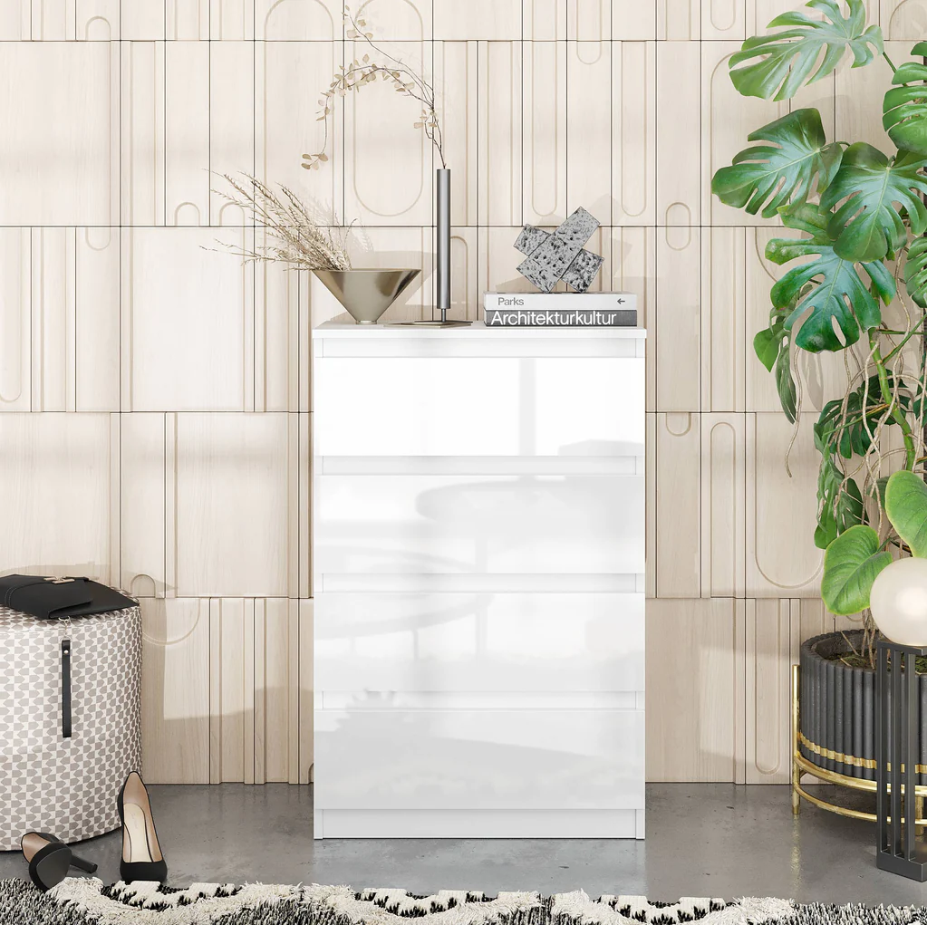 GABRIEL - Chest of 4 Drawers - Bedroom Dresser Storage Cabinet Sideboard - White Matt / White Gloss H92cm W60cm D33cm