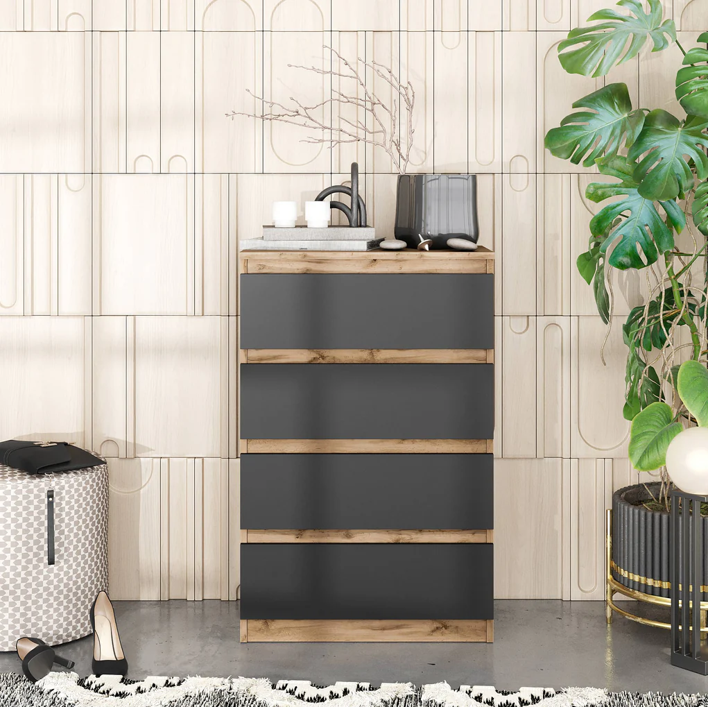 GABRIEL - Chest of 4 Drawers - Bedroom Dresser Storage Cabinet Sideboard - Wotan Oak / Anthracite H92cm W60cm D33cm