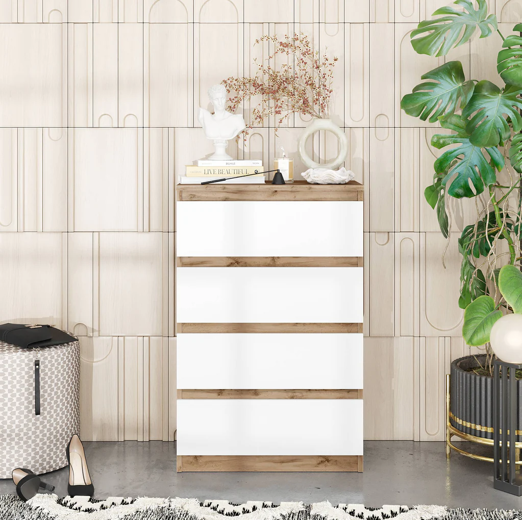 GABRIEL - Chest of 4 Drawers - Bedroom Dresser Storage Cabinet Sideboard - Wotan Oak / White Matt H92cm W60cm D33cm