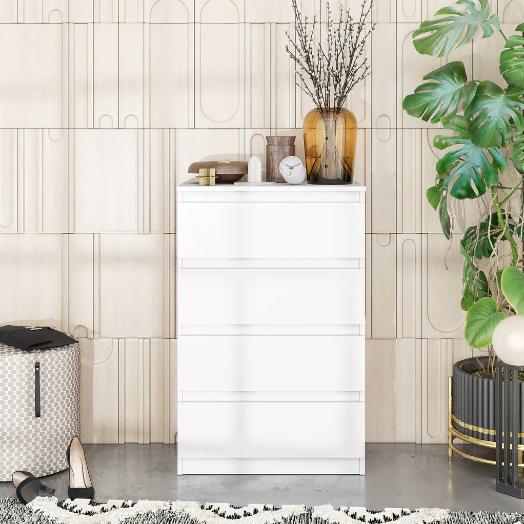 GABRIEL - Chest of 4 Drawers - Bedroom Dresser Storage Cabinet Sideboard - White Matt H92cm W60cm D33cm