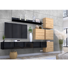 Wall Unit MANILA II - Living Room Furniture Set - Black Gloss / Artisan Oak