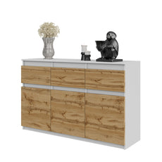 NOAH - Chest of 3 Drawers and 3 Doors - Bedroom Dresser Storage Cabinet Sideboard - White Matt / Wotan Oak H75cm W120cm D35cm