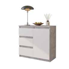 MIKEL - Chest of 3 Drawers and 1 Door - Bedroom Dresser Storage Cabinet Sideboard - Concrete / White Matt H75cm W80cm D35cm