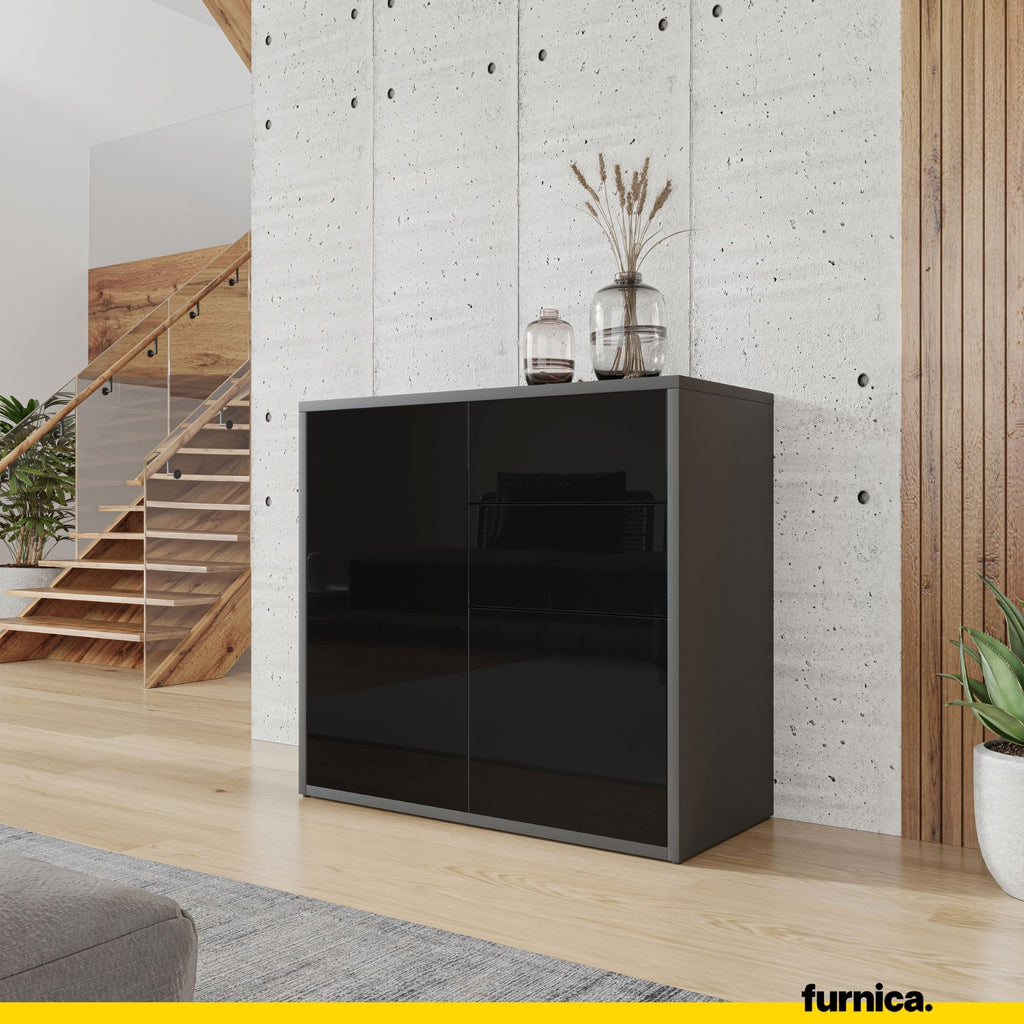 CAMILLE - Push to Open Sideboard with 2 Doors and 2 Drawers - Anthracite / Black Gloss H74cm W80cm D36cm