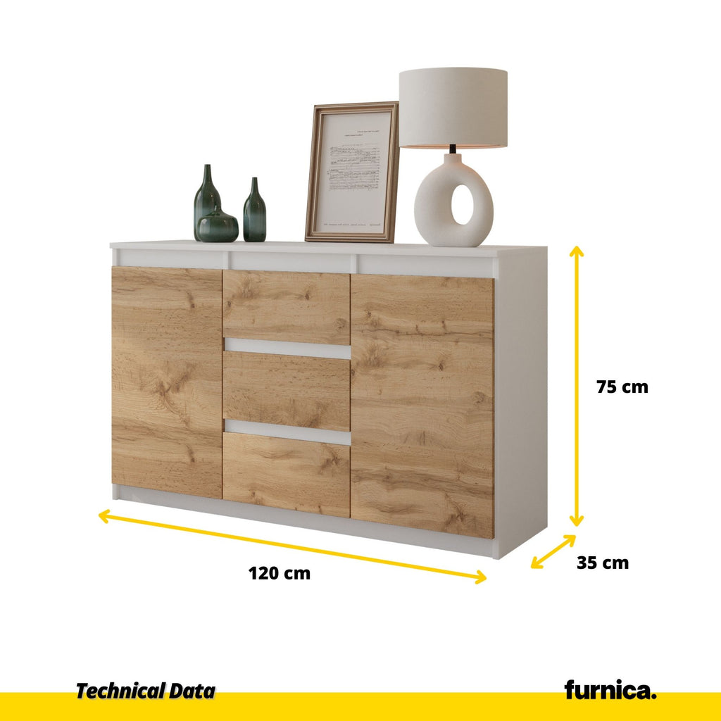 MIKEL - Chest of 3 Drawers and 2 Doors - Bedroom Dresser Storage Cabinet Sideboard - White Matt / Wotan Oak H75cm W120cm D35cm