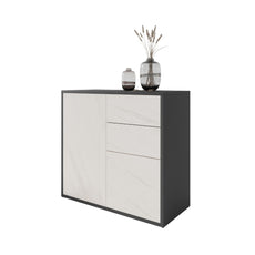 CAMILLE - Push to Open Sideboard with 2 Doors and 2 Drawers - Anthracite / White Marble H74cm W80cm D36cm