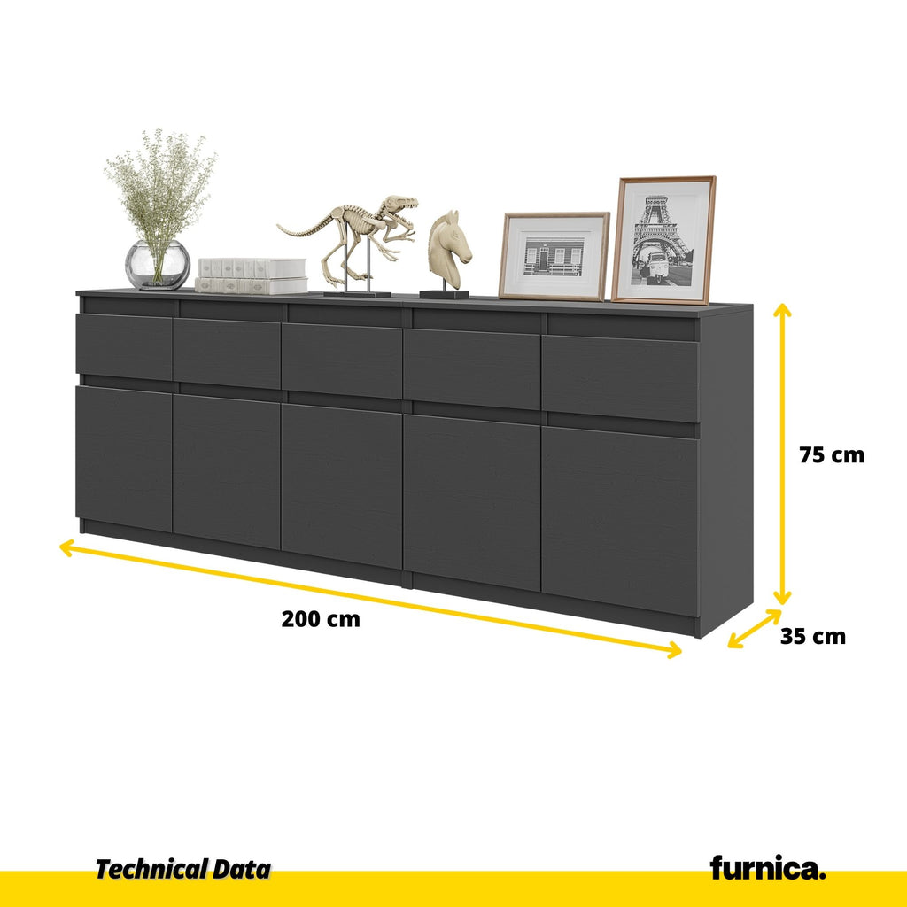 NOAH - Chest of 5 Drawers and 5 Doors - Bedroom Dresser Storage Cabinet Sideboard - Anthracite  H75cm W200cm D35cm