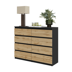 GABRIEL - Chest of 8 Drawers - Bedroom Dresser Storage Cabinet Sideboard - Black Matt / Wotan Oak H92cm W120cm D33cm