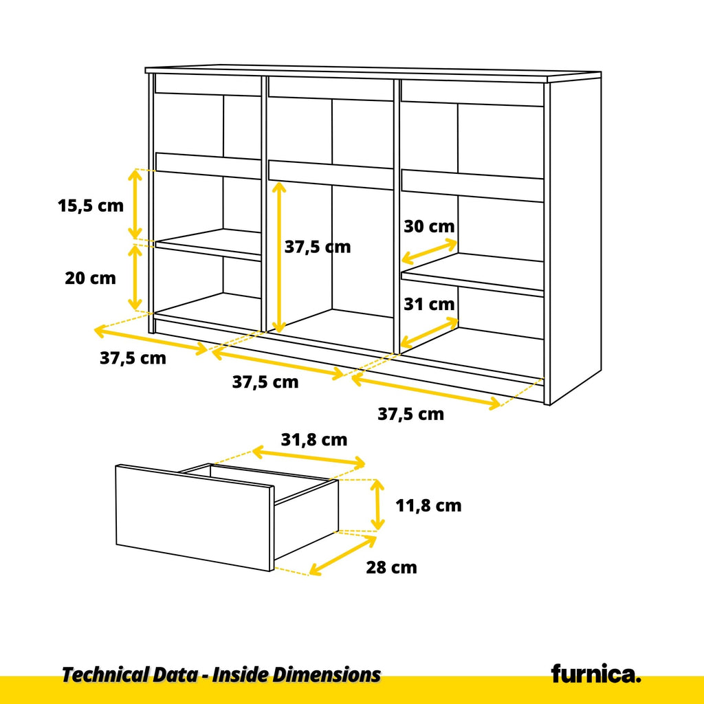 NOAH - Chest of 3 Drawers and 3 Doors - Bedroom Dresser Storage Cabinet Sideboard - White Matt / Anthracite H75cm W120cm D35cm