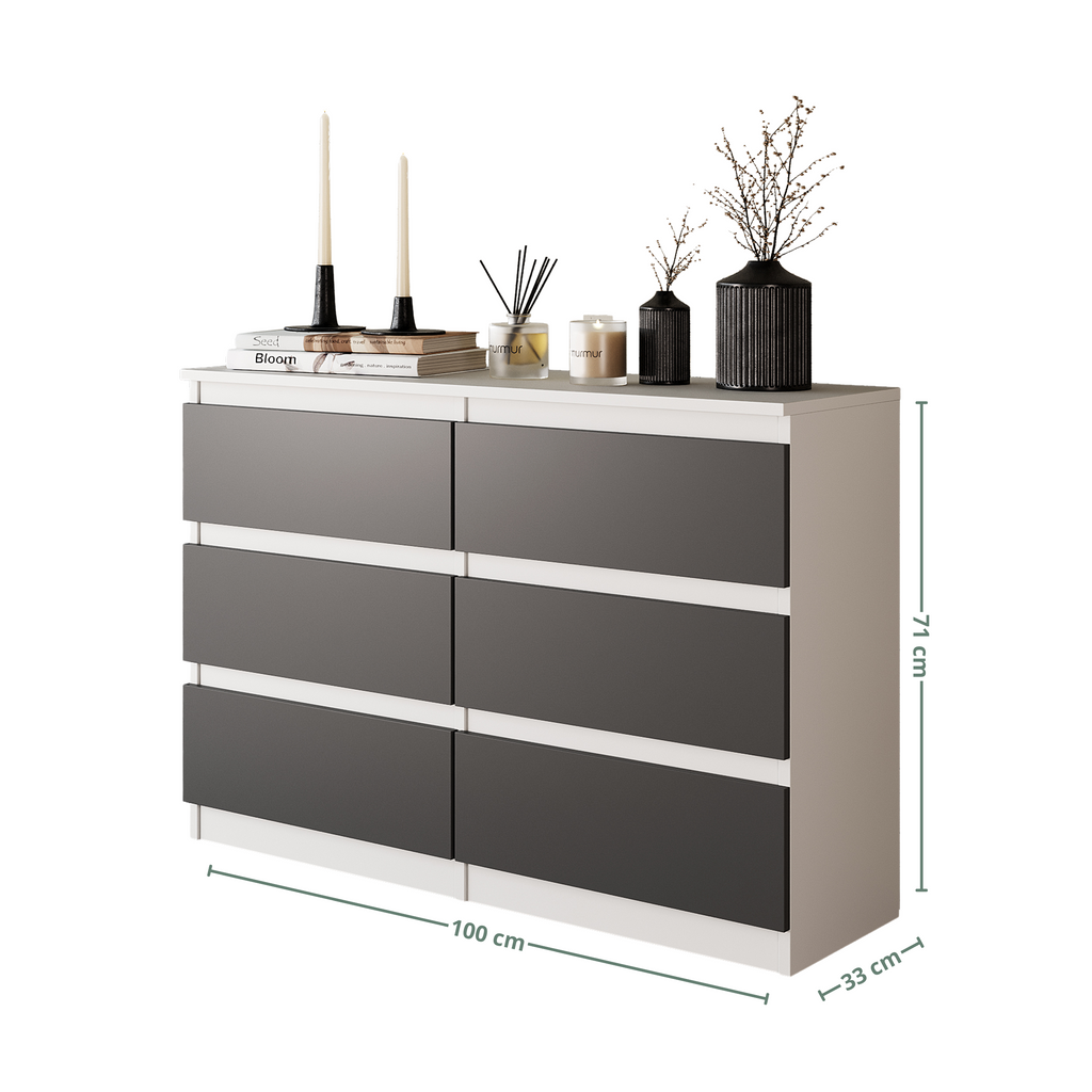 GABRIEL - Chest of 6 Drawers - Bedroom Dresser Storage Cabinet Sideboard - White Matt / Anthracite H71cm W100cm D33cm