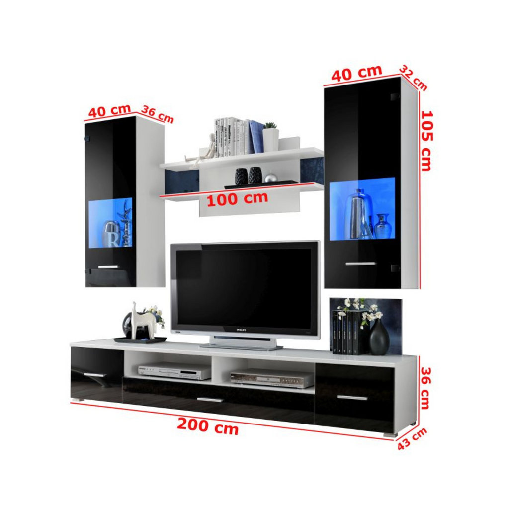 Wall Unit RENO Living Room Furniture Set White Matt Black