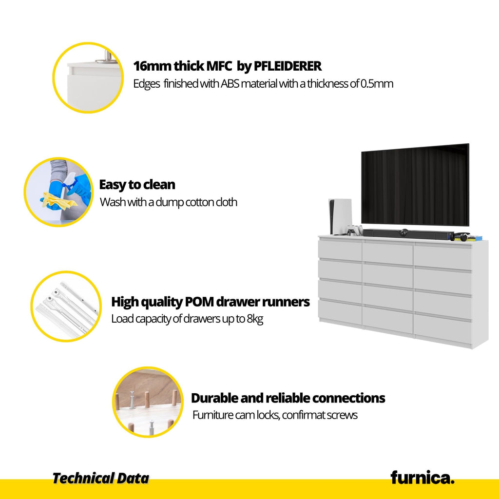 GABRIEL - Chest of 12 Drawers (8+4) - Bedroom Dresser Storage Cabinet Sideboard - Concrete / White Gloss H92cm W180cm D33cm