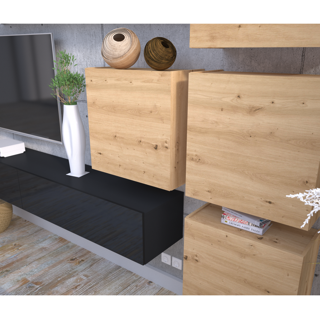 Wall Unit MANILA II - Living Room Furniture Set - Black Gloss / Artisan Oak