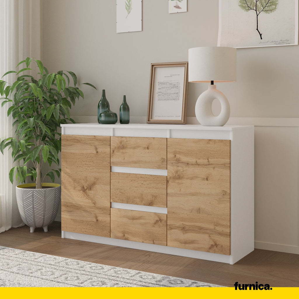 MIKEL - Chest of 3 Drawers and 2 Doors - Bedroom Dresser Storage Cabinet Sideboard - White Matt / Wotan Oak H75cm W120cm D35cm