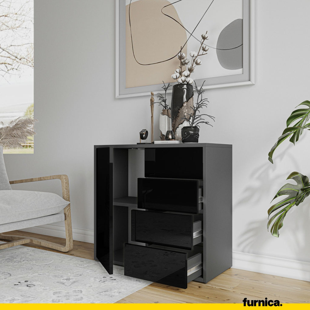 CAMILLE - Push to Open Sideboard with Door and 4 Drawers - Anthracite / Black Gloss H74cm W80cm D36cm