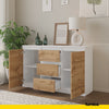 MIKEL - Chest of 3 Drawers and 2 Doors - Bedroom Dresser Storage Cabinet Sideboard - White Matt / Wotan Oak H75cm W120cm D35cm