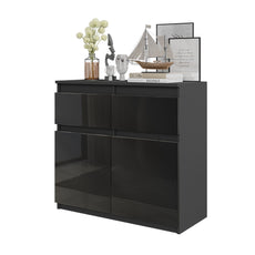 NOAH - Chest of 2 Drawers and 2 Doors - Bedroom Dresser Storage Cabinet Sideboard - Anthracite / Black Gloss H75cm W80cm D35cm