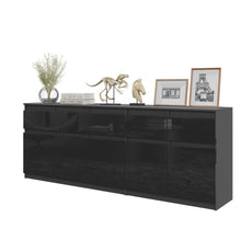 NOAH - Chest of 5 Drawers and 5 Doors - Bedroom Dresser Storage Cabinet Sideboard - Anthracite / Black Gloss  H75cm W200cm D35cm