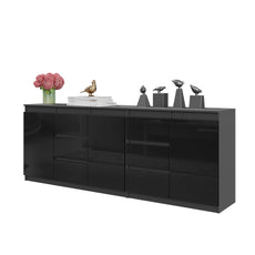 MIKEL - Chest of 6 Drawers and 3 Doors - Bedroom Dresser Storage Cabinet Sideboard - Anthracite / Black Gloss H75cm W200cm D35cm