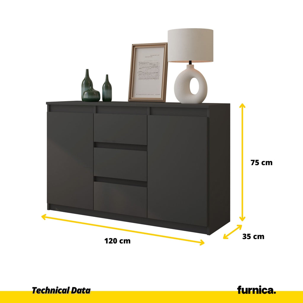 MIKEL - Chest of 3 Drawers and 2 Doors - Bedroom Dresser Storage Cabinet Sideboard - Anthracite H75cm W120cm D35cm