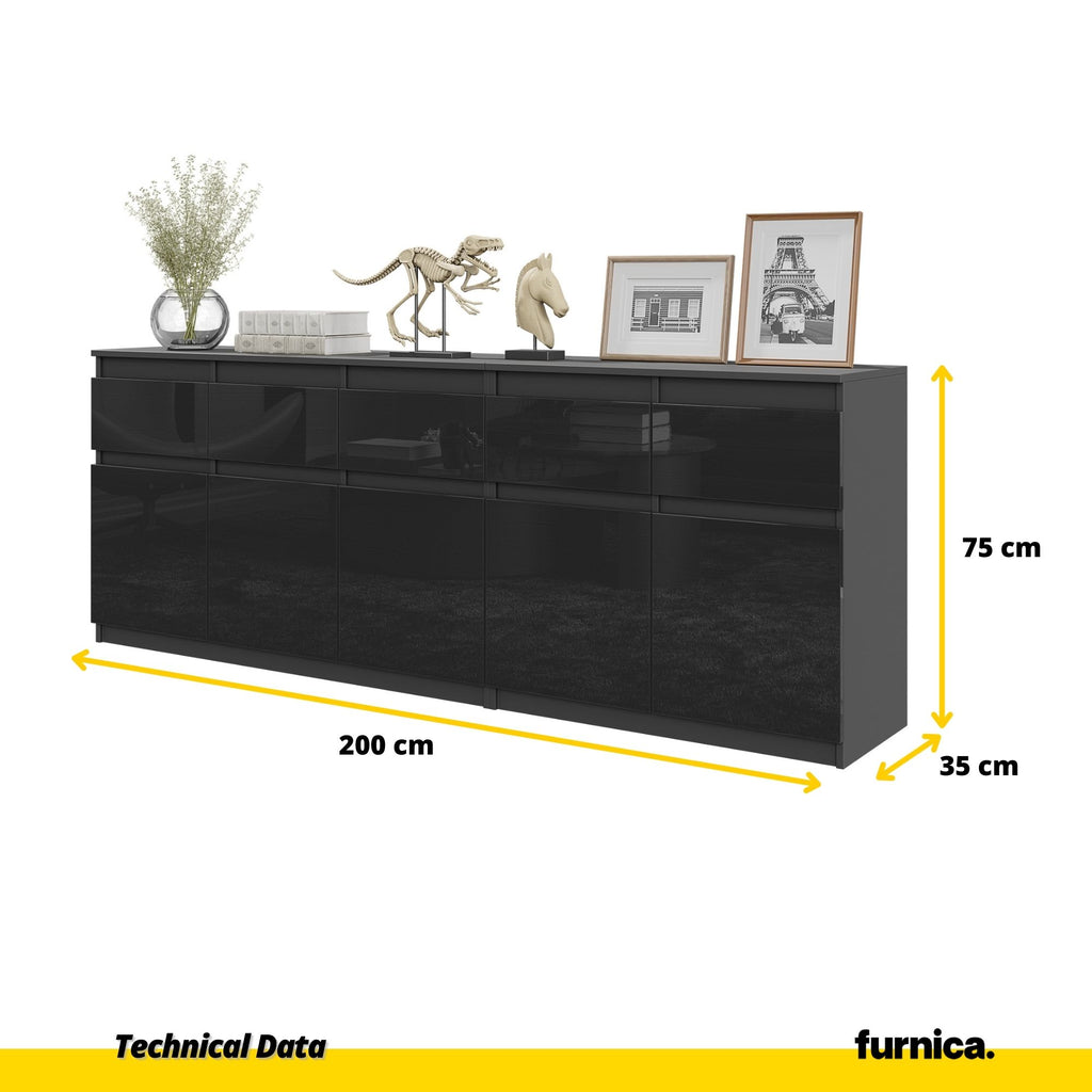 NOAH - Chest of 5 Drawers and 5 Doors - Bedroom Dresser Storage Cabinet Sideboard - Anthracite / Black Gloss  H75cm W200cm D35cm