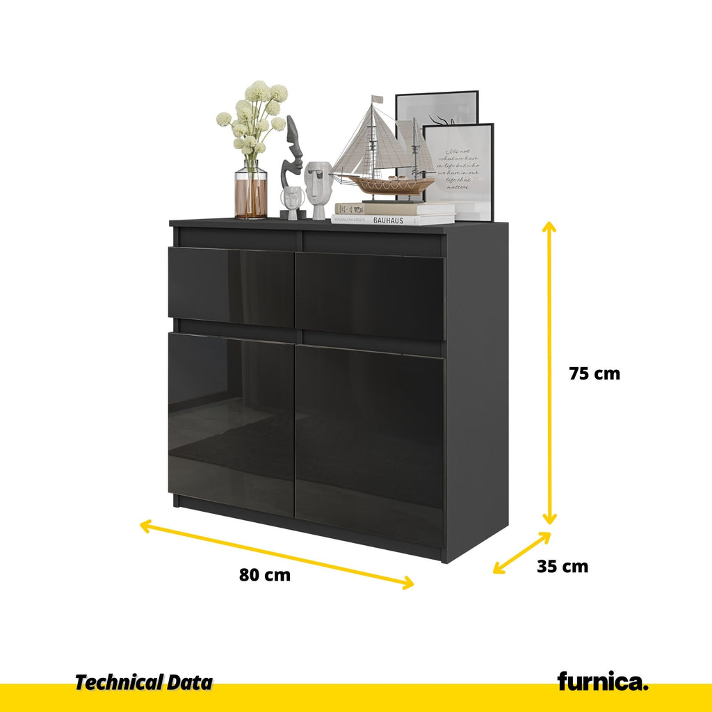 NOAH - Chest of 2 Drawers and 2 Doors - Bedroom Dresser Storage Cabinet Sideboard - Anthracite / Black Gloss H75cm W80cm D35cm