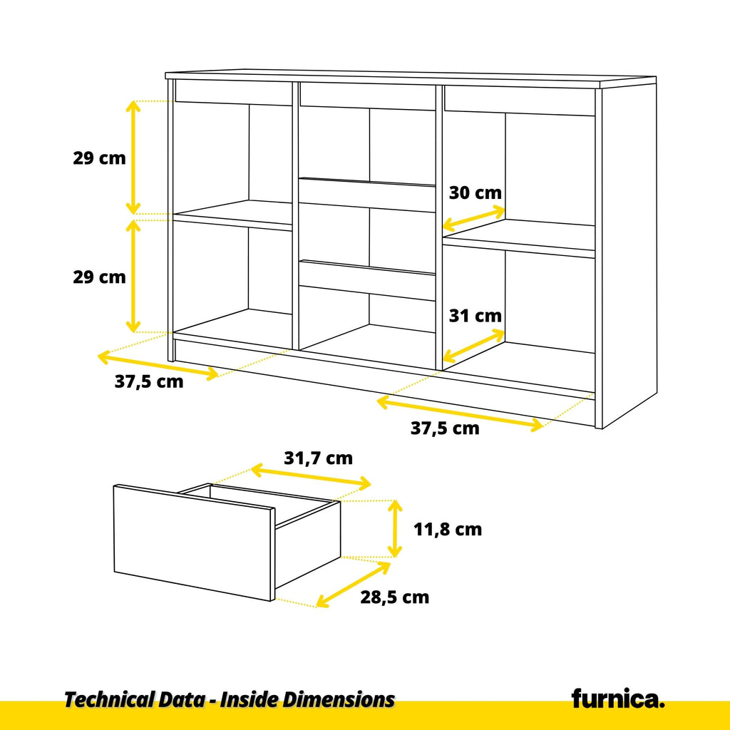 MIKEL - Chest of 3 Drawers and 2 Doors - Bedroom Dresser Storage Cabinet Sideboard - Sonoma Oak / White Matt H75cm W120cm D35cm