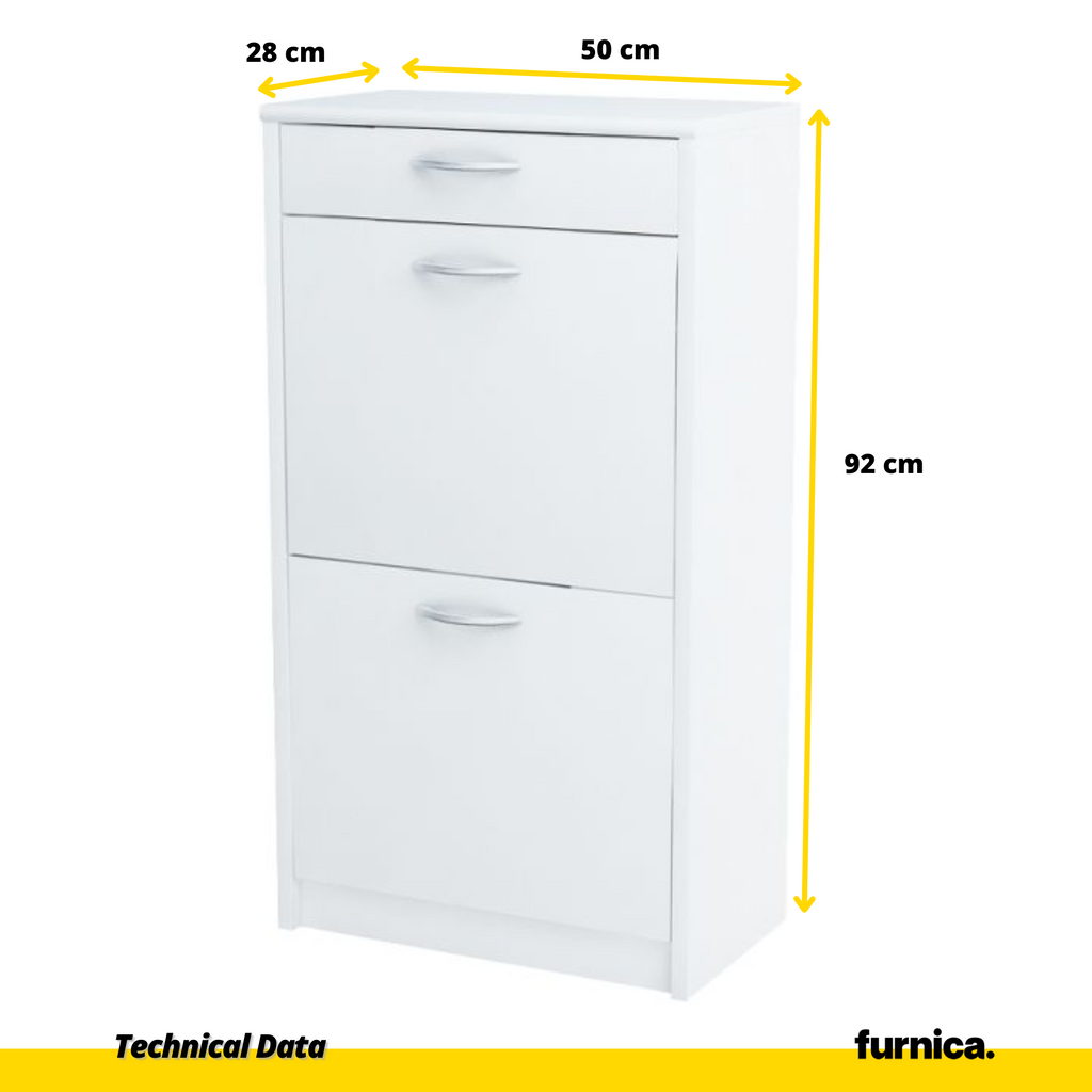 JULIA - Shoe Cabinet with 1 Drawer and 2 Tier Storage - White Matt H92cm W50cm D28cm