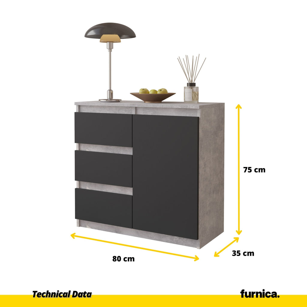 MIKEL - Chest of 3 Drawers and 1 Door - Bedroom Dresser Storage Cabinet Sideboard - Concrete / Anthracite H75cm W80cm D35cm