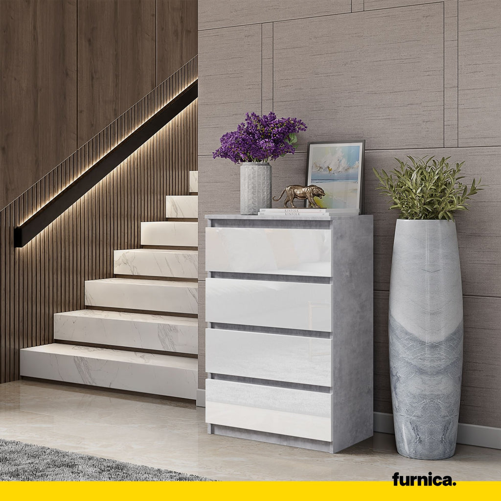 GABRIEL - Chest of 4 Drawers - Bedroom Dresser Storage Cabinet Sideboard - Concrete / White Gloss H92cm W60cm D33cm