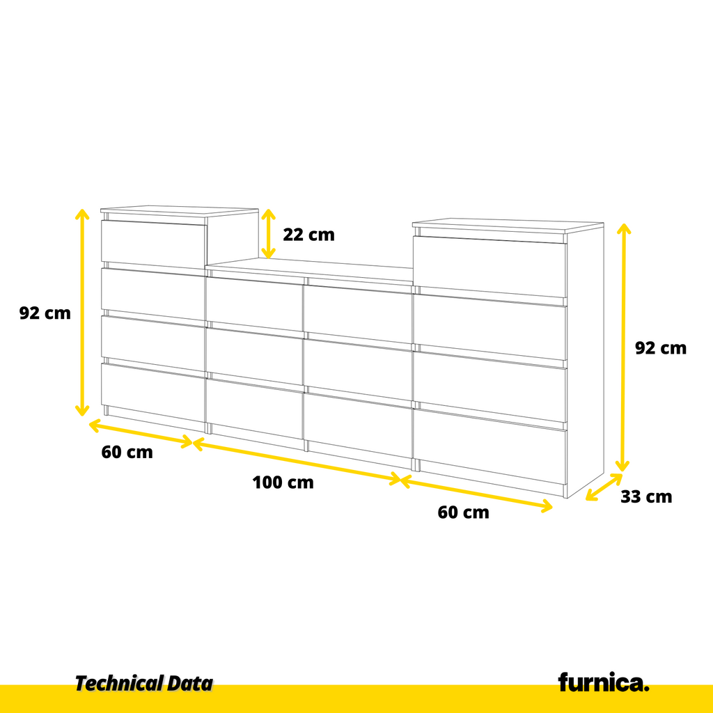 GABRIEL - Chest of 14 Drawers (4+6+4) - Bedroom Dresser Storage Cabinet Sideboard - Concrete / Anthracite H92cm W220cm D33cm