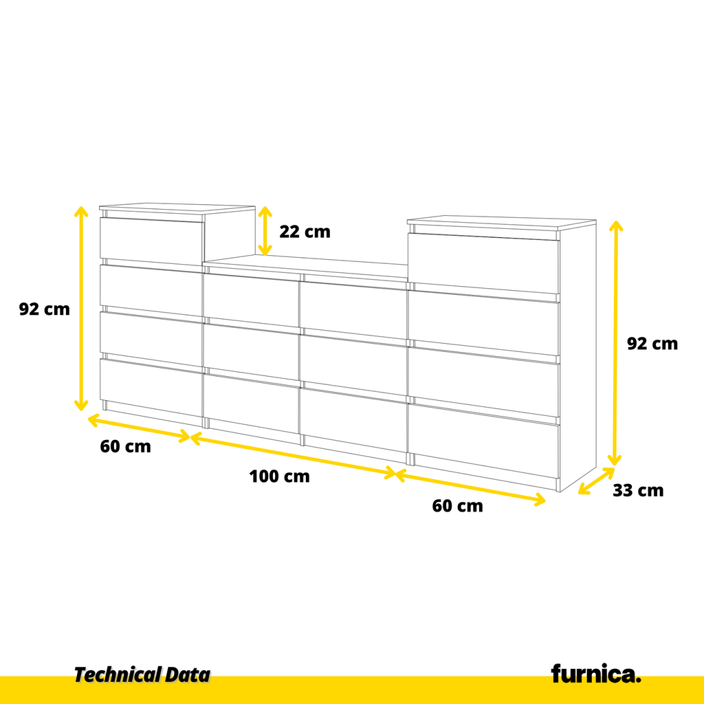 GABRIEL - Chest of 14 Drawers (4+6+4) - Bedroom Dresser Storage Cabinet Sideboard - White Matt / Anthracite H92cm W220cm D33cm