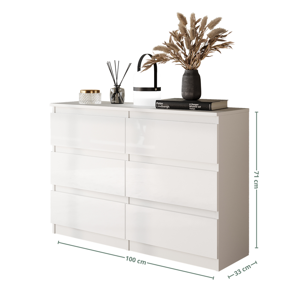 GABRIEL - Chest of 6 Drawers - Bedroom Dresser Storage Cabinet Sideboard - White Matt / White Gloss H71cm W100cm D33cm